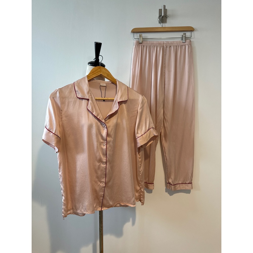 SilkSilky Pajama Set S Dusty Pink 100% Mulberry Silk Contrast Piping Sleepwear